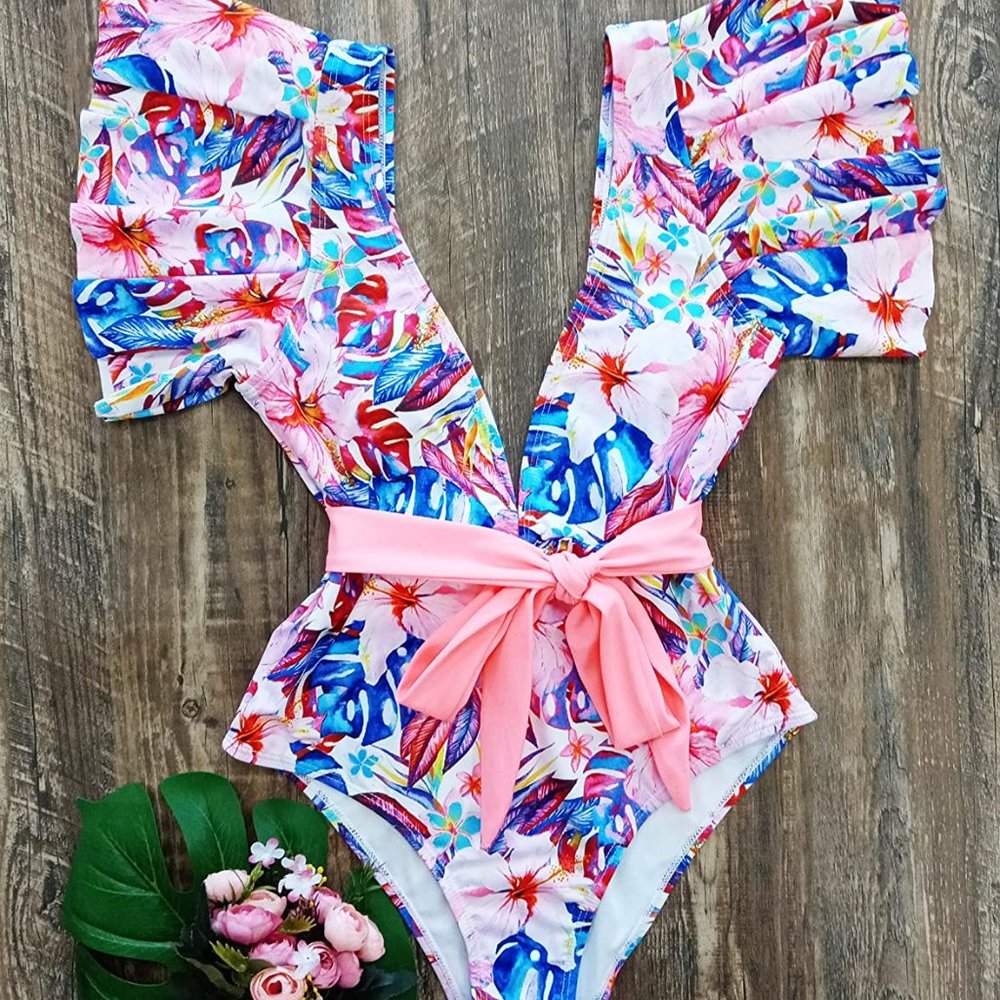 NWT Telaura One Piece Ruffle Floral Print Swimsuit